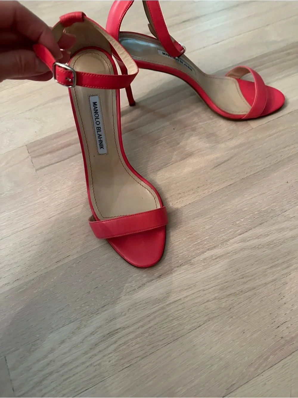 Manolo Blahnik Red Satin Ankle-Strap Open-Toe Heels